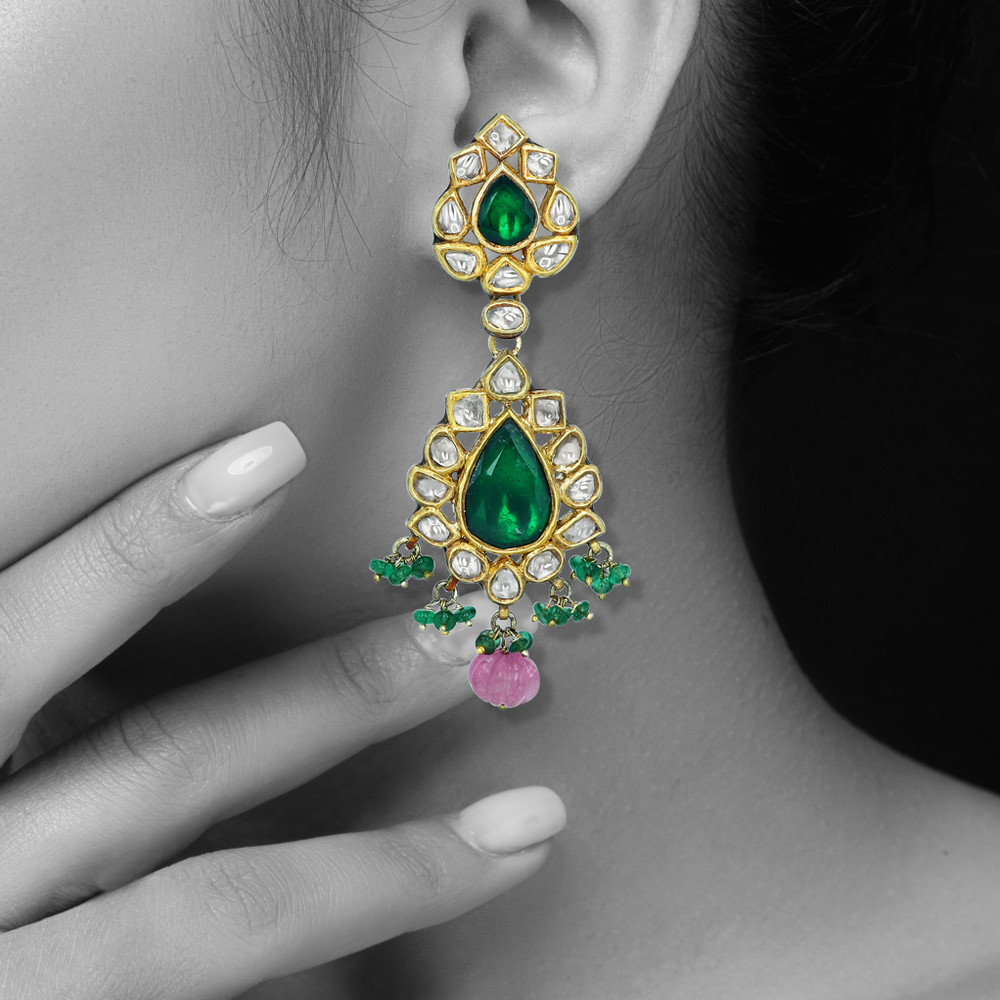 Polki Diamond Necklace Set with Green Stone and Pink Beads